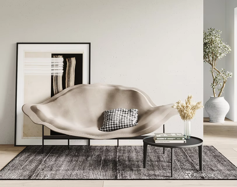 Beige Shell Shaped Lounge Chair With Checkered Pillow And Side Table On Rug 3d model 