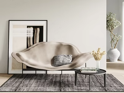 Beige Shell Shaped Lounge Chair With Checkered Pillow And Side Table On Rug 3d model
