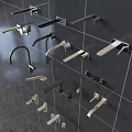 Various Modern Faucets with Different Designs Mounted on Dark Tile Wall 3d model