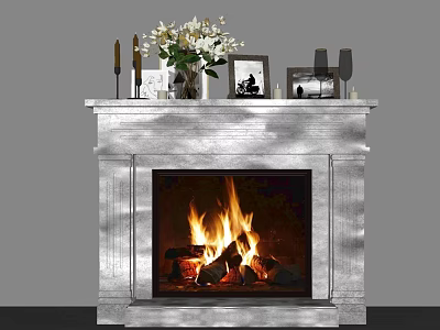 Cozy Wooden Fireplace With Burning Flames Decorated Mantel White Flowers Photo Frames And Candles 3d model