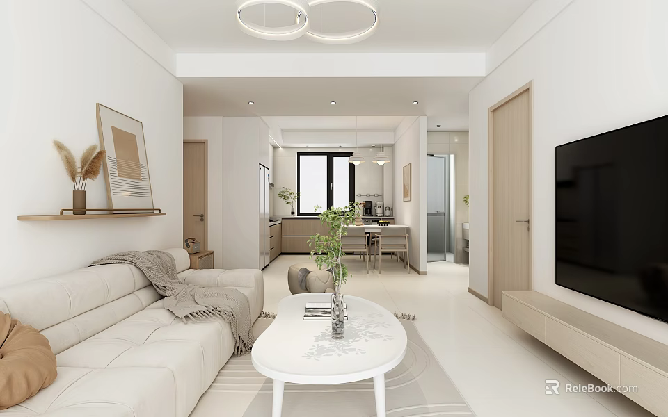 Modern Open Living and Dining Area With White Sofa Round Coffee Table TV Pendant Lights 3d model 