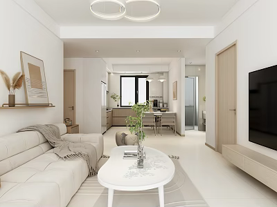Modern Open Living and Dining Area With White Sofa Round Coffee Table TV Pendant Lights 3d model