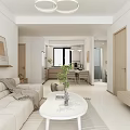 Modern Open Living and Dining Area With White Sofa Round Coffee Table TV Pendant Lights