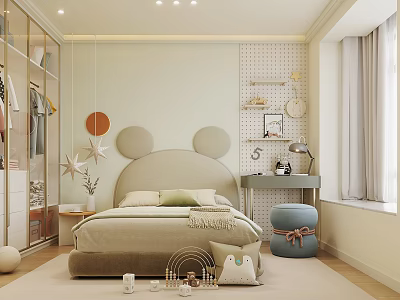 Kids Room With Mickey Mouse Ear Headboard Beige Bed Polka Dot Wall Hanging Stars And Blue Ottoman 3d model