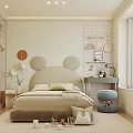 Kids Room With Mickey Mouse Ear Headboard Beige Bed Polka Dot Wall Hanging Stars And Blue Ottoman