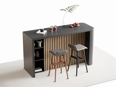 Modern Black Bar Counter With Coffee Cup Fruits Plant Open Shelves Brown Black Stools Decorations 3d model