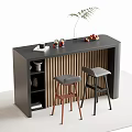 Modern Black Bar Counter With Coffee Cup Fruits Plant Open Shelves Brown Black Stools Decorations