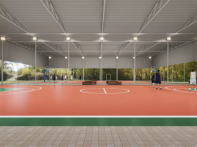 Basketball Gymnasium Interior Featuring Red Floor Green Lines Players Windows And Lighting 3d model