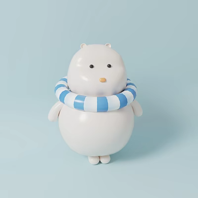 Chubby White Plush Toy Wearing Blue And White Striped Inflatable Ring Against Light Blue Background 3d model