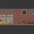 Wooden Barn Structure With Red Walls Staircase Hay Bales And Barrels