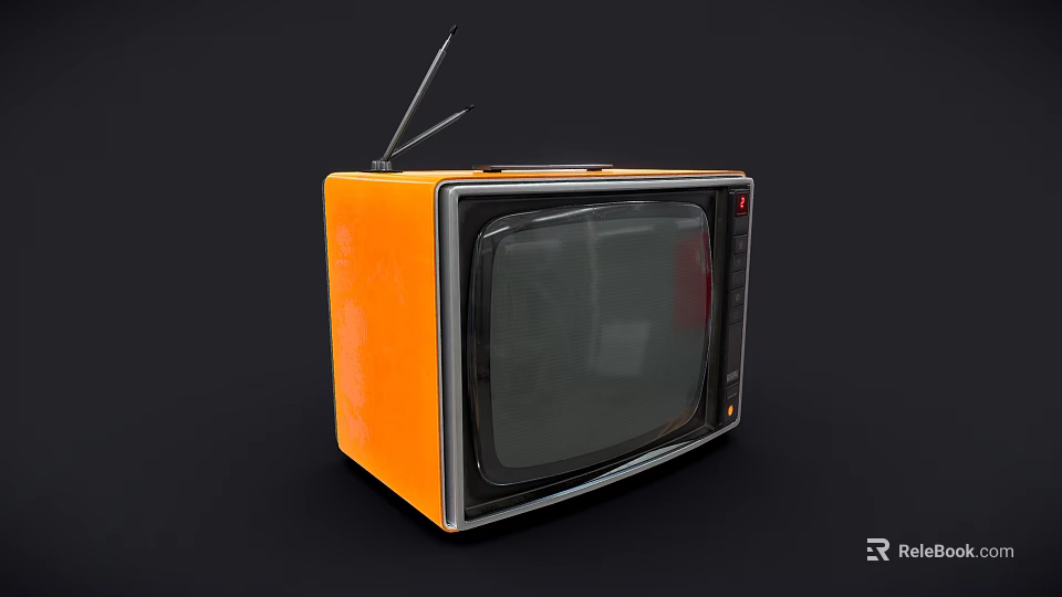 Classic Vintage Orange Retro Television with Antenna in Black Background 3d model 