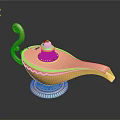 Golden Magic Lamp as Decorative Household Item with Curved Handle and Ornamental Base