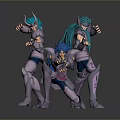 Three Armored Characters With Blue Teal Hair In Dynamic Action Poses