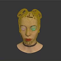 Woman with orange double buns yellow glittery eyes red lips black choker on gray background