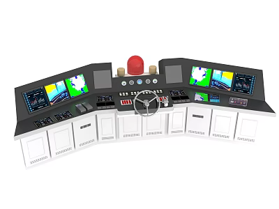 Curved Control Console With Colorful Screens Steering Wheel Buttons Knobs And White Cabinets 3d model