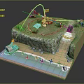 Cartoon Scenery of Cliff Island With Grass Lighthouse White Path Green Car Dock and Water