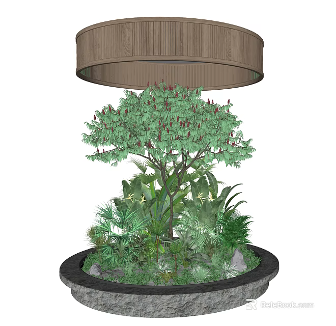 Lush Green Plants And Tree With Red Blossoms In Circular Planter Under Hanging Lamp 3d model 