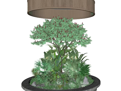 Lush Green Plants And Tree With Red Blossoms In Circular Planter Under Hanging Lamp 3d model