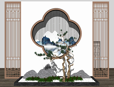 New Chinese Landscape Sick Drought Landscape Screen Partition Background Wall 3d model