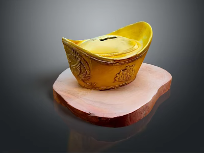 Traditional Gold Jewelry Yuanbao Shape With Carved Design On Wooden Base 3d model