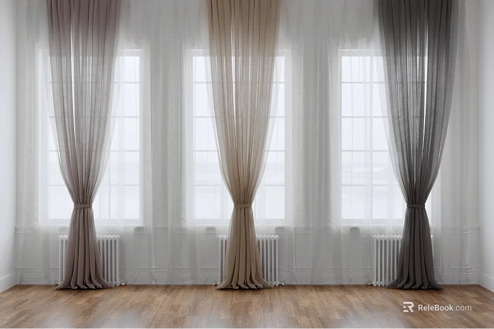 Elegant Gradient Curtains For Windows With Lightweight Fabric White Walls And Wooden Floor 3d model 