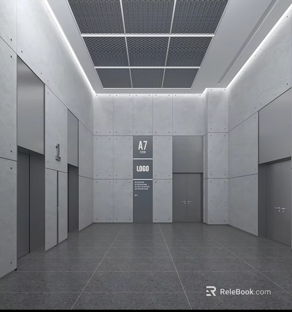 Modern Sleek Elevator Hallway With Gray Walls Elevator Doors And A7 Load Signage 3d model