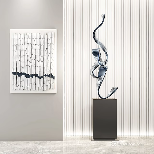 Twisted Metal Sculpture With Curved Design On Black Pedestal And Vertical Striped Wall 3d model 