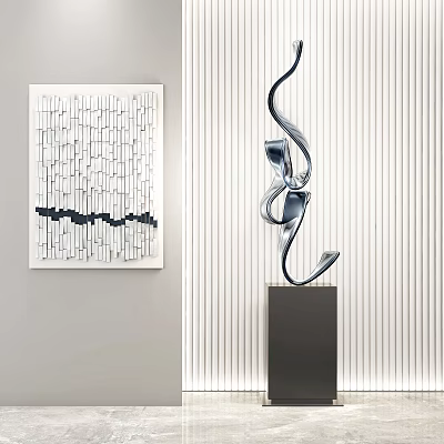 Twisted Metal Sculpture With Curved Design On Black Pedestal And Vertical Striped Wall 3d model