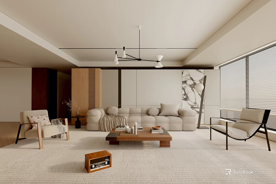 Modern Living Room Interior With Beige Sofa Wooden Coffee Table And Accent Chairs 3d model 