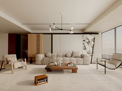 Modern Living Room Interior With Beige Sofa Wooden Coffee Table And Accent Chairs 3d model