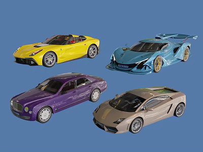 Four Vibrant Sports And Luxury Cars In Yellow Blue Purple And Beige Colors 3d model