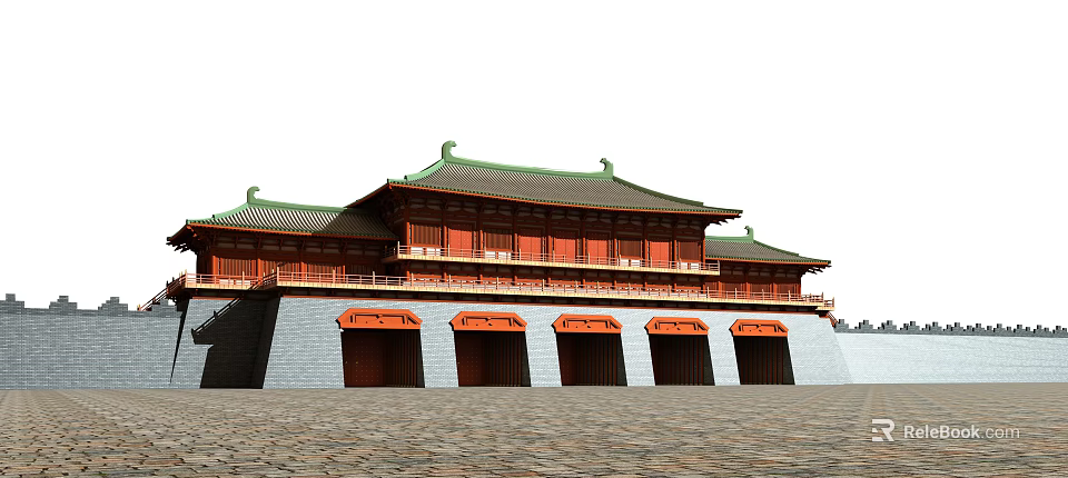 Traditional Ancient Chinese Architecture With Green Roof And Red Wooden Structure On Stone Base Platform 3d model 