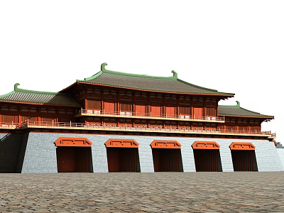 Traditional Ancient Chinese Architecture With Green Roof And Red Wooden Structure On Stone Base Platform 3d model