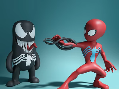 Red Spider Man And Black Venom Action Figures In Fighting Pose With Interactive Design 3d model