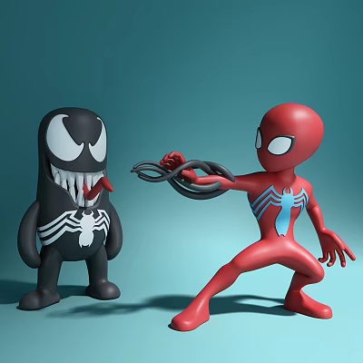 Red Spider Man And Black Venom Action Figures In Fighting Pose With Interactive Design 3d model