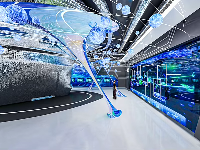 Futuristic Tech Exhibition Hall With Blue Light Orbs And Interactive Digital Installations 3d model