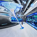 Futuristic Tech Exhibition Hall With Blue Light Orbs And Interactive Digital Installations 3d model