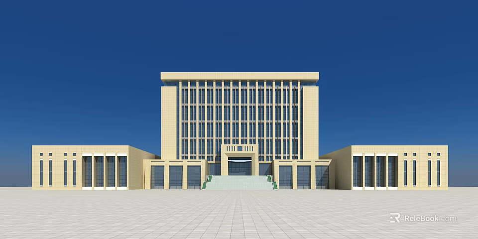 Modern Office Building With Beige Exterior Large Glass Windows And Spacious Front Plaza 3d model 