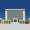 Modern Office Building With Beige Exterior Large Glass Windows And Spacious Front Plaza