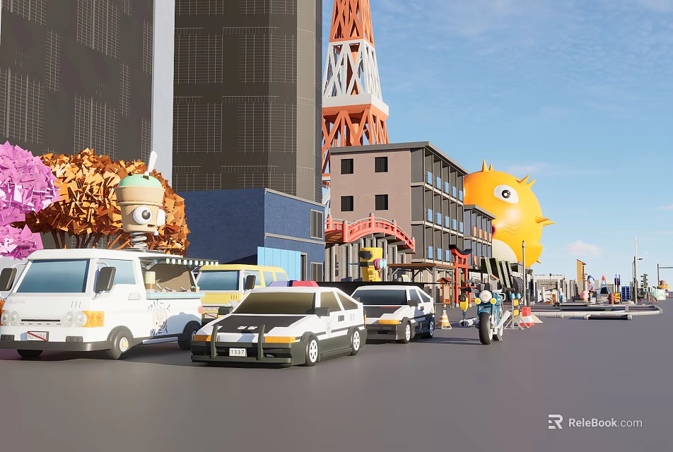Vibrant Street Scene With Modern Buildings Tokyo Tower Cartoon Decorations And Vehicles 3d model 