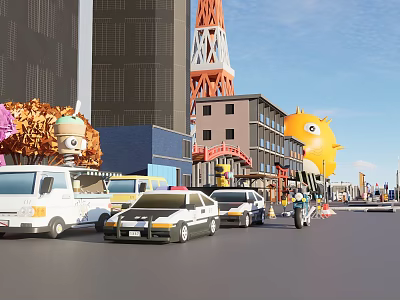 Vibrant Street Scene With Modern Buildings Tokyo Tower Cartoon Decorations And Vehicles 3d model