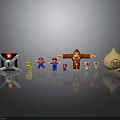 Plant Themed Toy Arrangement Featuring Red Ape Figures And Onion Shaped Object On Gray Surface