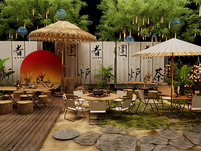 Japanese Style Café Outdoor Space With Straw Umbrellas White Parasols Wooden Deck And Green Plants 3d model