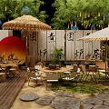 Japanese Style Café Outdoor Space With Straw Umbrellas White Parasols Wooden Deck And Green Plants