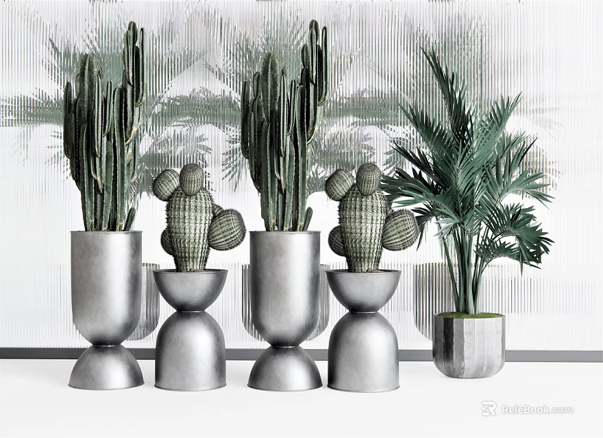 Stylish Bonsai Potted Plants with Cactus and Palm in Silver Pots 3d model 