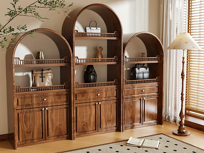 Elegant Wooden Arched Shelving Unit with Drawers Cabinets and Decorative Items in Living Room Interior 3d model