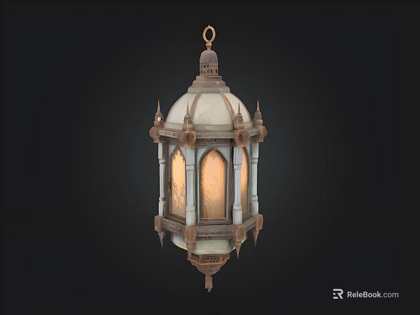 Ornate Vintage Hanging Lantern With Decorative Metal Frame And Glass Panels 3d model 