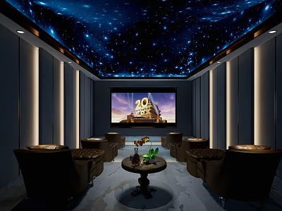 Home Theater Room With Starry Ceiling Large Screen Brown Leather Sofas And Ambient Lighting 3d model