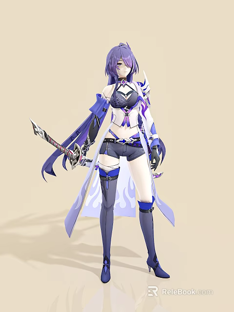 Game And Movie Character With Purple Long Hair Black Purple Outfit Holding Sword And Cloak 3d model 