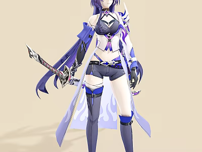 Game And Movie Character With Purple Long Hair Black Purple Outfit Holding Sword And Cloak 3d model
